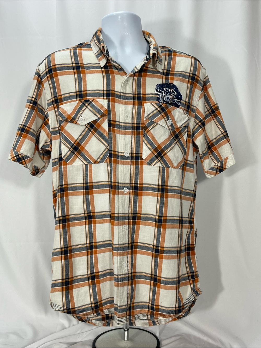 Harley-Davidson Cream, Orange, Navy Plaid Button-Down Shirt w/Graphic Print Sz M